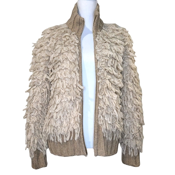 MADELEINE MODE COUTURE PUFF SLEEVE CHIC TEDDY LOOK CHUNKY 2 TONE TAN CARDIGAN - Picture 5 of 16